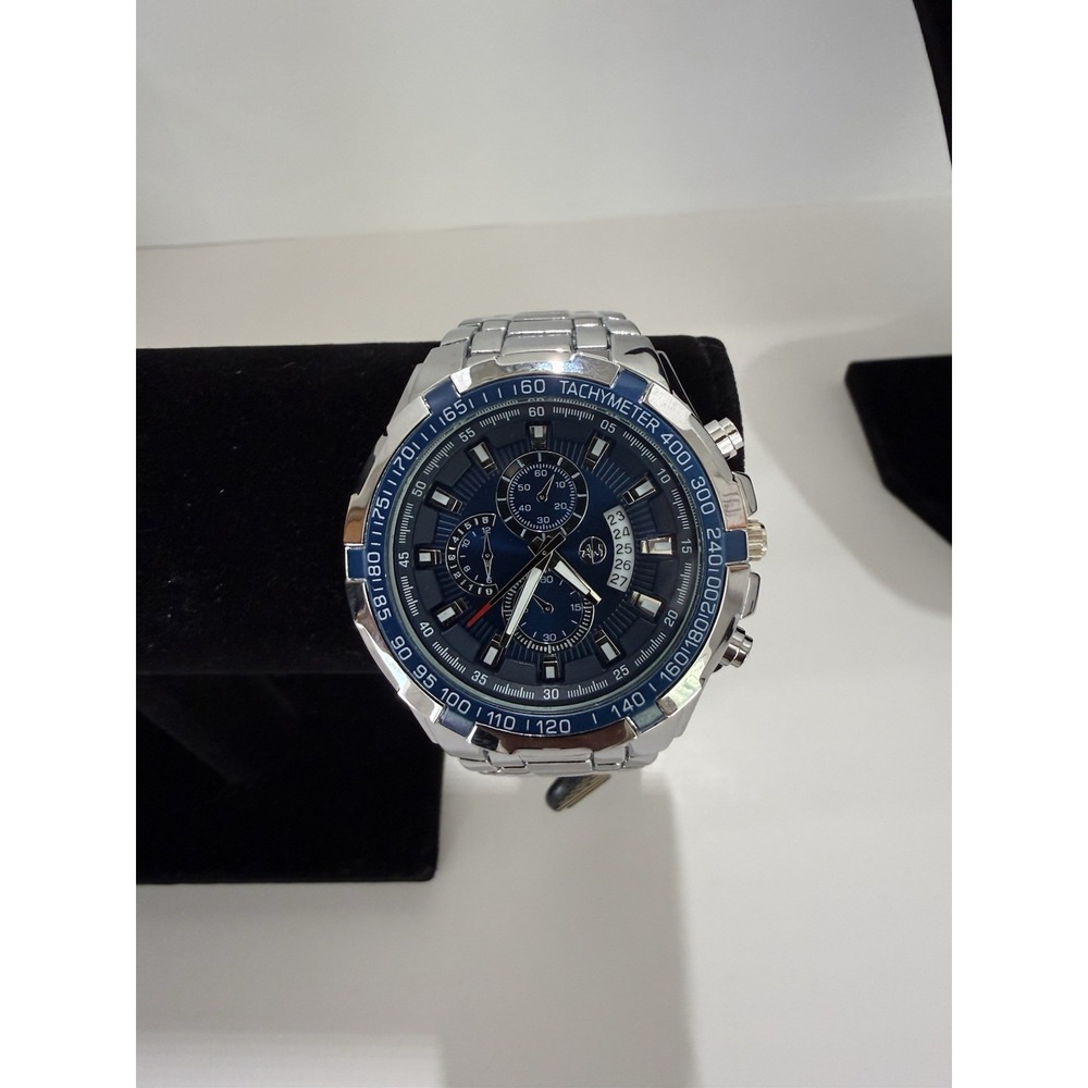 AJ Brand Silver Men's Chronograph Watch Blue Dial stainless steel band